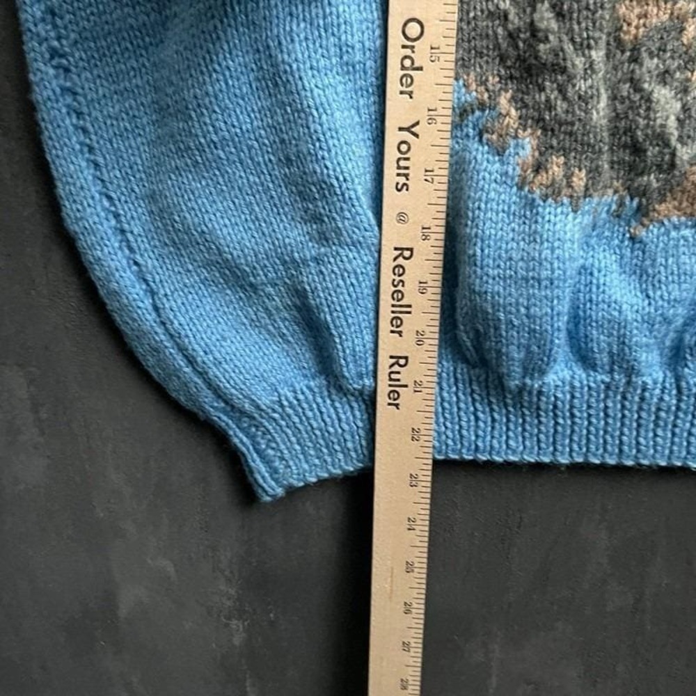 Vintage Cat Sweater Medium Blue 1980s Hand Knit - Picture 7 of 8